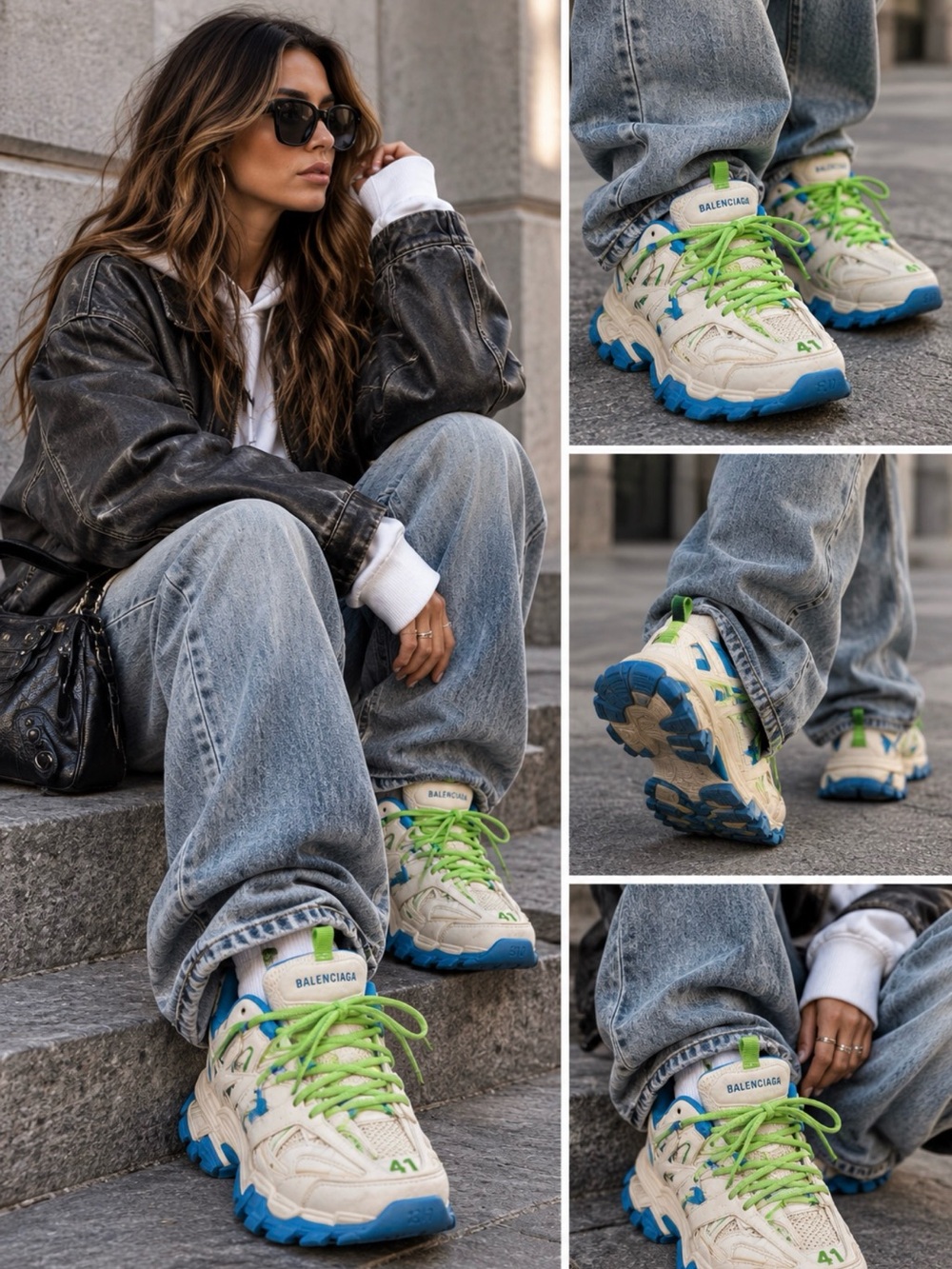 Authentic Balenciaga White Sneakers with Blue & Neon Green Accents - 41 unisex